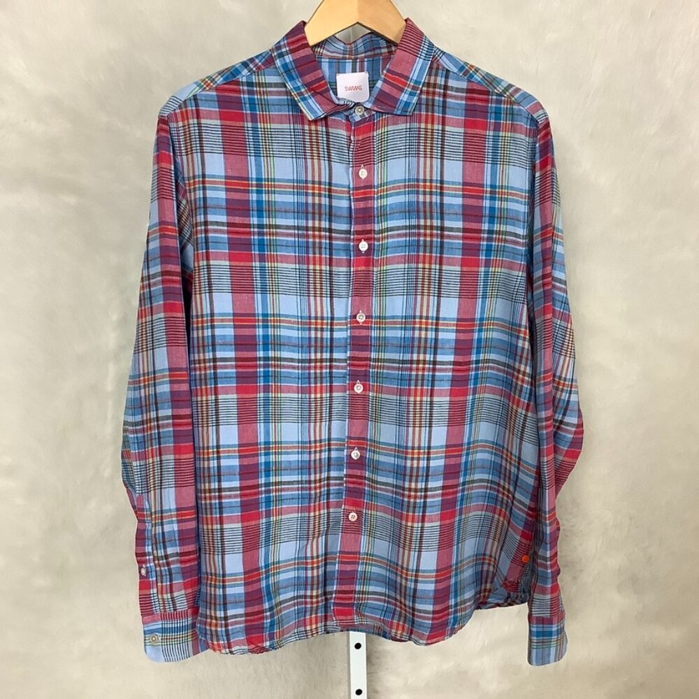 Swims Men's Red & Blue Amalfi Plaid Linen Sport Shirt L
